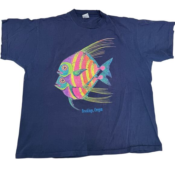 Vintage Tropical Fish Souvenir Shirt Bookings Oregon Size XXL Blue Single Stitch - Picture 1 of 7